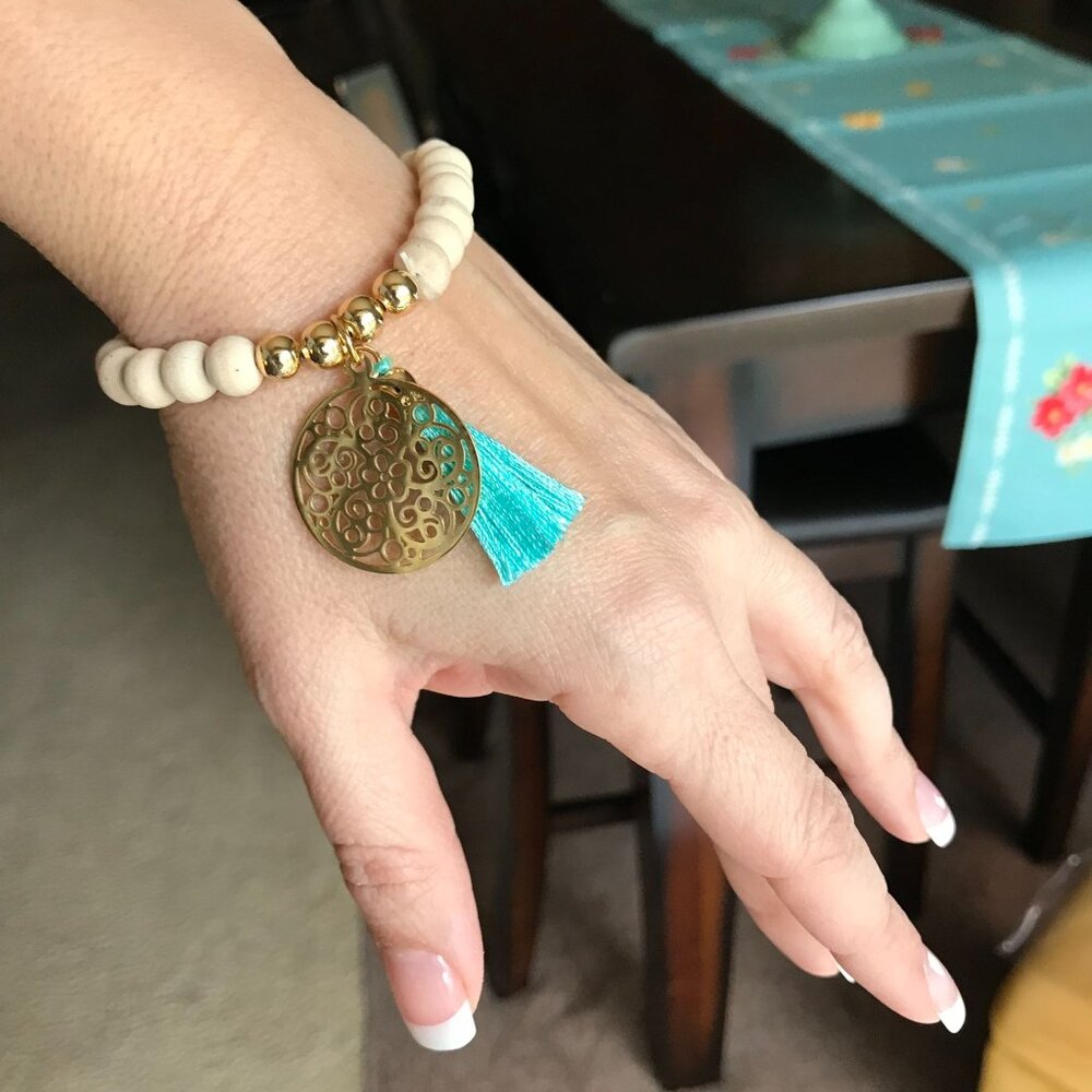 NWT Anthropologie Festival Jewelry Wood Beaded Stacking Bracelet Teal Gold Boho